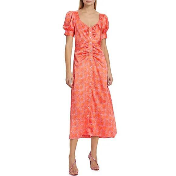 Cinq à Sept Women's Size 8 Orange Ximena Summer Waves Satin Midi Dress NWT - Picture 1 of 14